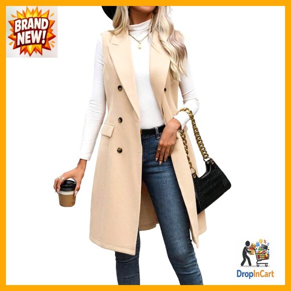 Long Wool Vest Sleeveless Blazer Trench Coat Classic Elegant Outerwear Tops